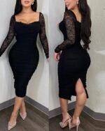 Kadın Uzun Kollu Dantelli Büzgü Detaylı Yırtmaçlı Midi Sandy Elbise