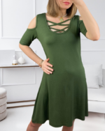 Dekolteli Bağcık Detay Viskon Kumaş Elbise - Görsel 3