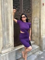 Kadın Bel Dekolteli Yanı Büzgü Detay Dalgıç Krep Kumaş Mini Elbise