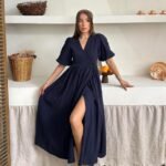 Lacivert Müslin Uzun Elbise