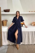 Lacivert Müslin Uzun Elbise