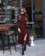 Kadın Uzun Kollu Balıkçı Yaka Derin Yırtmaç Detay Modal Elbise