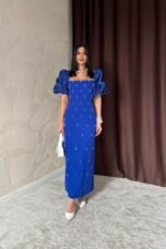 Saks İşlemeli Kolu Garnili Elbise - Görsel 3