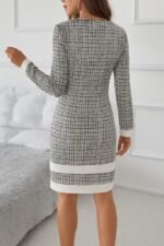 Kadın Uzun Kollu Yuvarlak Yaka Etek Ucu şerit Detaylı Mini Dokuma Elbise - Görsel 3