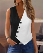 Kadın Sıfır Kol V Yakalı Düğmeli Blok Renkli Atlas Yelek - Görsel 4