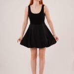 Kalın Askılı Balon Etek Siyah Mini Elbise