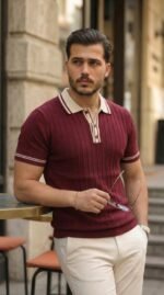 Erkek Düğme Yakalı Kontrast Yaka Triko Tişört - Görsel 6