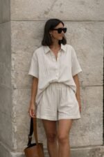 Kadın Kısa Kollu çizgili Modal Kumaş Gömlek Ve Yüksek Bel Lastik Detay şort Ikili Takım - Görsel 2