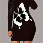 Kadın Uzun Kollu Bisiklet Yaka Kelebek Desenli Kısa Viskon Iki Iplik Elbise