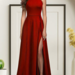 Kadınhalter Yaka Derin Yırtmaç Detaylı Tam Boy Ithal Krep Abiye Elbise