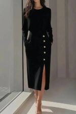 Kadın Uzun Kollu Bisiklet Yakalı Yandan Yırtmaçlı Düğmeli Midi Ithal Krep Elbise