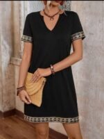 Şerit Detay V Yaka Yandan Cepli Viskon Elbise - Görsel 2