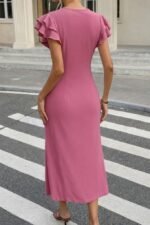 Kadın Kısa Kollu V Yakalı önden Düğmeli Bürümcük Midi Elbise - Görsel 3