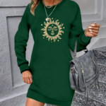 Kadın Uzun Kollu Bisiklet Yaka Güneş Desenli Viskon Iki Iplik Elbise