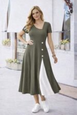 Kadın Kısa Kollu Asimetrik Yakalı Düğme Detaylı Midi Viskon Elbise - Görsel 2