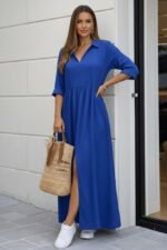 Kadın Truvakar Kollu V Yakalı Yırtmaçlı Uzun Aerobin Elbise - Görsel 3