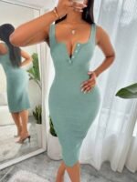 Kadın Askılı önü Düğmeli Midi Kaşkorse Elbise - Görsel 3