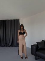 GABARDİN UZUN ÖNDEN YIRTMAÇLI ETEK - Kahverengi - Görsel 3