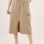 Ön Yırtmaçlı Cep Detaylı Haki Etek