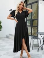 Kadın Kısa Kollu Kruvaze Yakalı ön Asimetrik Volanlı Uzun Ithal Krep Elbise - Görsel 4