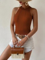 Kadın Kolsuz Halter Yaka Mini Baklava Desenli Triko Bluz - Görsel 5