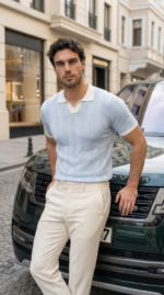 Erkek Örgü Desen Yakalı Kısa Kollu Triko Tişört - %100 Pamuk Akrilik - Görsel 4