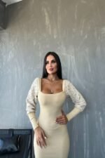 Kadın Kare Yaka Kolları Manşet Ve Tül Detay Fırsat ürün Midi Boy Elbise - Görsel 5