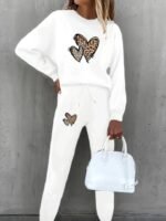 Kadın Uzun Kollu Bisiklet Yaka Kalp Desenli şardonlu üç Iplik Bluz Ve Pantolon Ikili Takım - Görsel 2