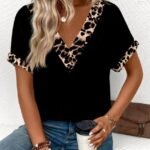 Kadın Kısa Kollu V Leopar Yakalı Viskon Bluz