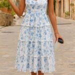 Kadın Sıfır Kol Askılı Dekolteli Yırtmaç Detay çiçek Baskılı Süprem Midi Elbise