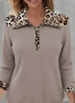 Kadın Uzun Kollu Leopar Yakalı Fermuarlı Waffle Bluz - Görsel 2