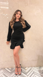 Kadın Uzun Kollu Bisiklet Yaka önden Volanlı Ithal Krep Elbise - Görsel 11