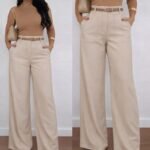 Kadın Yüksek Bel Geniş Paça Detaylı Cepli Ithal Krep Pantolon