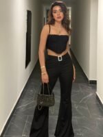 Kadın Yüksek Bel Tokalı Ispanyol Paçalı Dalgıç Pantolon - Görsel 4