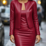 Kadın Uzun Kollu önü Açık Deri Ceket Ve Askılı Yuvarlak Yakalı Mini Elbise Ikili Takım