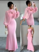 Kadın Balıkçı Yaka İnci Ve Tül Detay Dalgıç Kumaş Maxi Boy Elbise - Görsel 3