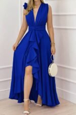 Kadın Askılı Kruvaze Yakalı önü Volanlı Uzun Krep Elbise