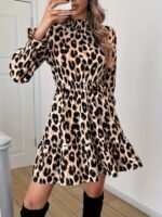 Kadın Uzun Kollu Yarı Balıkçı Yaka Leopar Desenli Modal Mini Elbise - Görsel 5