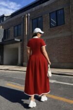 Kadın Kısa Kollu V Yakalı Pileli Uzun Janjan Krep Elbise - Görsel 3