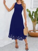 Kadın Kolsuz Etek Ucu Lazer Kesim çiçek Desenli Midi Boy Ithal Krep Elbise - Görsel 3