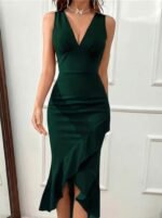 Kadın Askılı V Yakalı önden Fırfırlı Uzun Ithal Krep Elbise