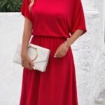 Kadın Kısa Kollu Omuzdan Açık Kiloş Midi Viskon Elbise