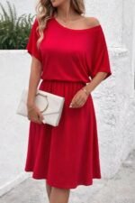 Kadın Kısa Kollu Omuzdan Açık Kiloş Midi Viskon Elbise