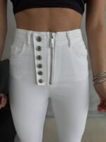 DÜĞME VE FERMUARLI KOT PANTOLON - Beyaz - Görsel 2