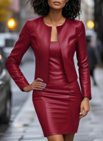 Kadın Uzun Kollu önü Açık Deri Ceket Ve Askılı Yuvarlak Yakalı Mini Elbise Ikili Takım - Görsel 2
