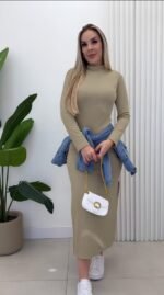 Kadın Uzun Kollu Balıkçı Yakalı Yanlardan Yırtmaçlı Kaşkorse Maxi Elbise - Görsel 3