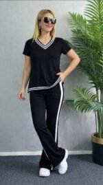 Kadın Kısa Kollu V Yakalı Viskon Iki Iplik Bluz Ve Pantolon Ikili Takım - Görsel 3