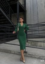 Kadın Kruvaze Yaka Balon Kol Simli Krep Kumaş Midi Boy Elbise - Görsel 2