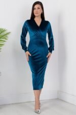 Kadın Kadife Kumaş Manşetli V Yaka Şık Kalem Elbise - Görsel 6