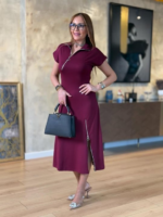 Kadın Kısa Kollu Yakadan Ve Etekten Fermuarlı Midi Viskon Iki Iplik Elbise - Görsel 5